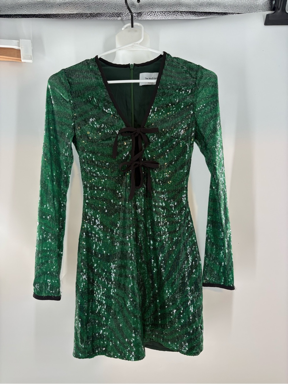 The Wolf Gang Brillo Sequin Dress Emerald Green Zebra Print Mini Size Small